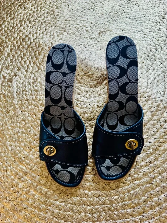 Coach Black Leather Wedge Sandals in Signature Print with Turn Lock Buckle - Picture 6 of 8